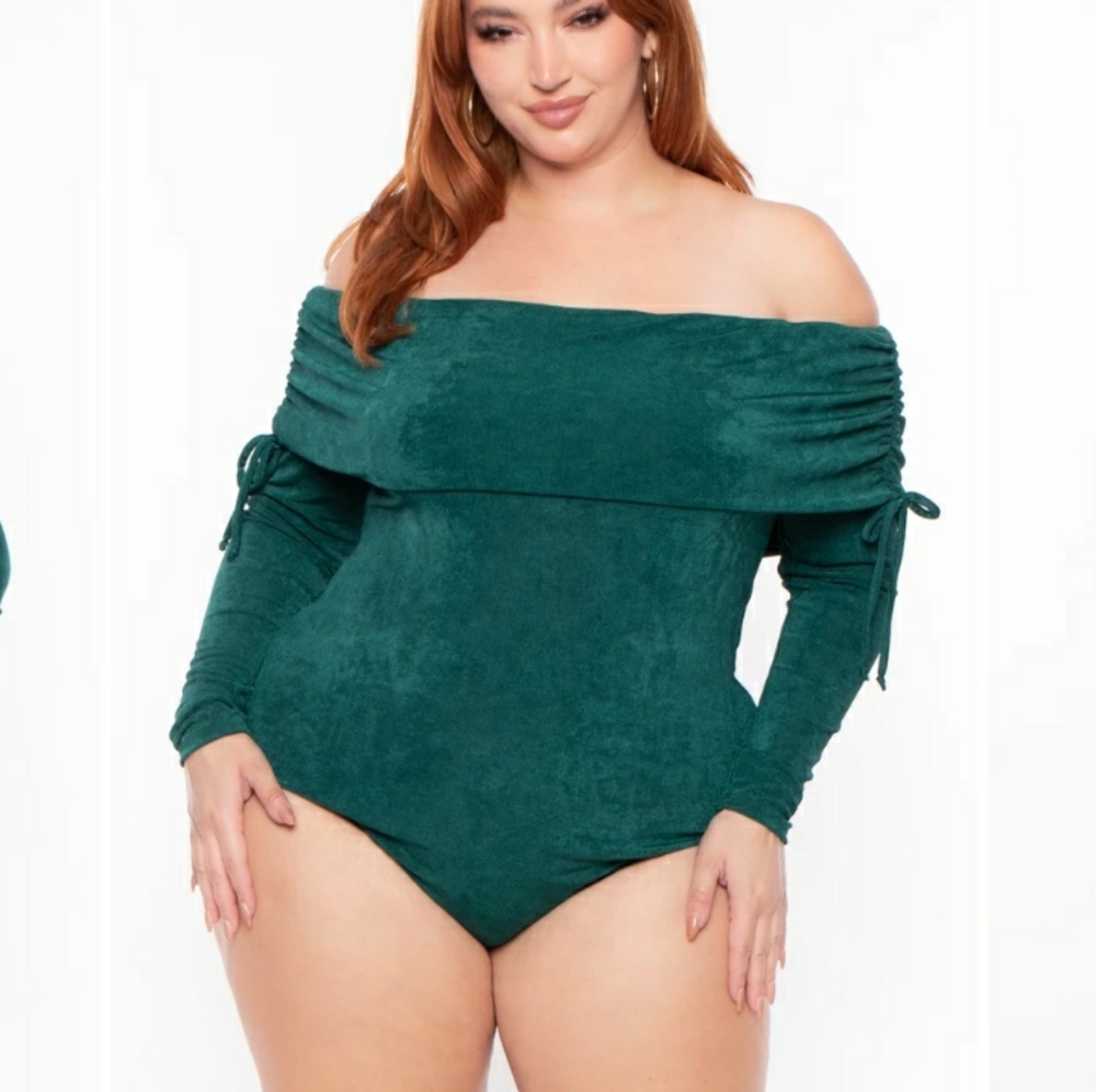 Curvy Sense Green Dora Body Suit Plus Size Hunter Green Off Shoulder Stretc Knit